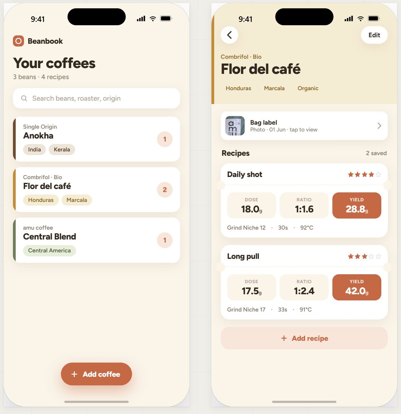 Beanbook-Detailansicht eines Kaffees auf dem Handy, gespeicherte Rezepte mit Dosierung, Verhältnis und Ausbeute