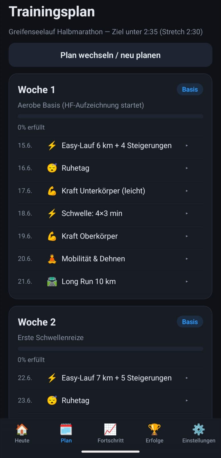 App Mein Trainingsplan, Planansicht mit den Trainingswochen und den Einheiten je Woche